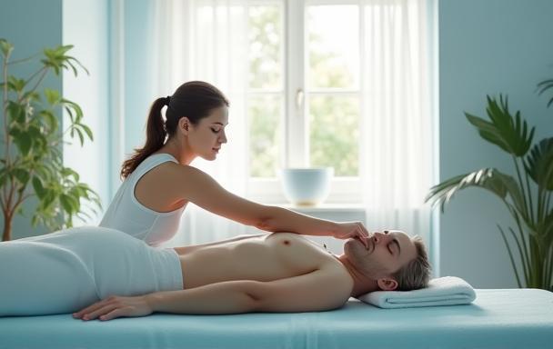 Therapist providing relaxing massage in a modern London office setting